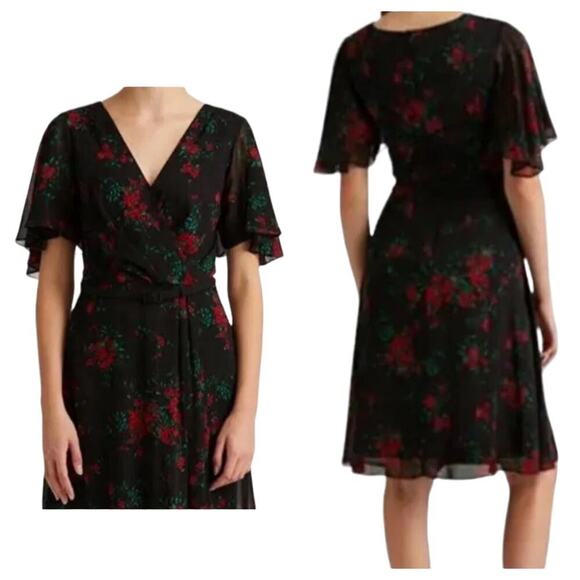 Ralph Lauren Dress Floral Black Red Flutter Sleeves A-Line Party Cocktail 6 - Picture 1 of 7